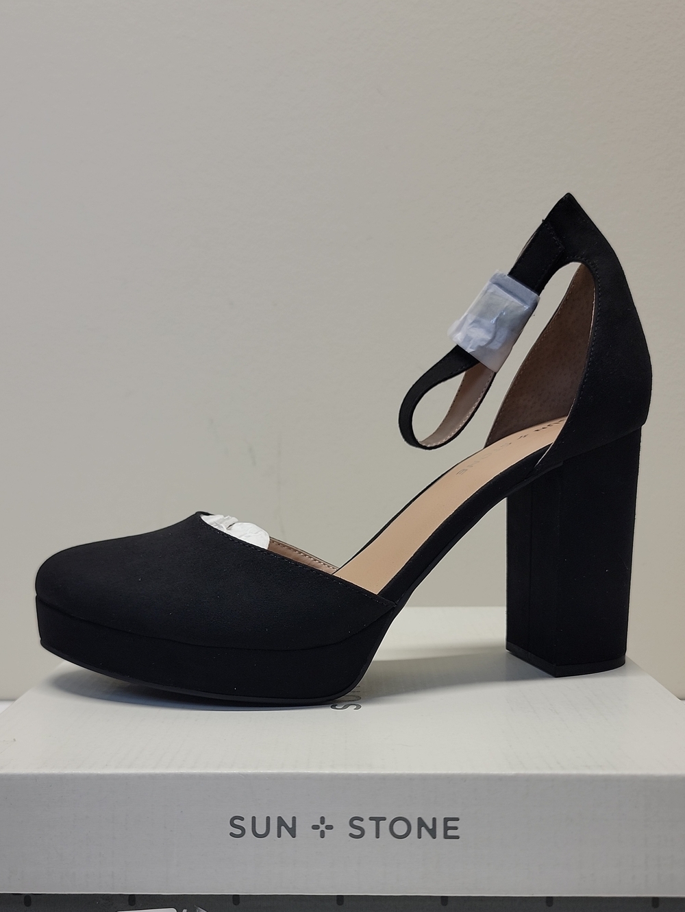 Sun + Stone NEW Black Suede Platform Block Heel Sandals with Ankle Buckle Sz 12